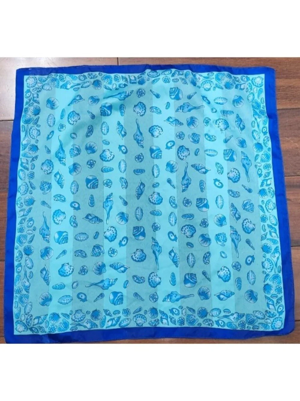 Vintage Symphony Scarf Co Italy Blue Seashell Print Silk Scarf Pocket Square